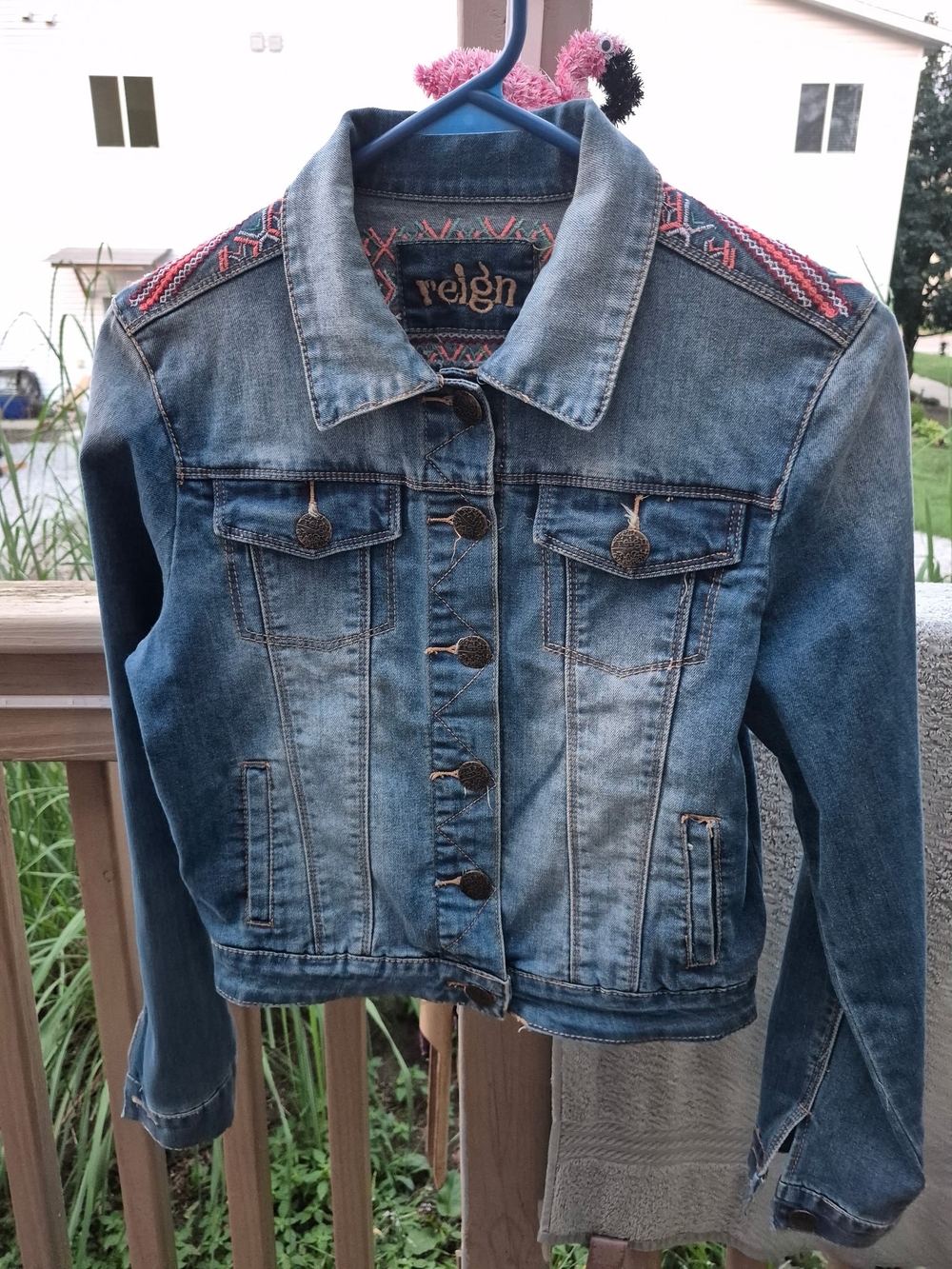 Reign Embroidered Denim Jacket Women’s M Distressed Boho Western Jean Jacket